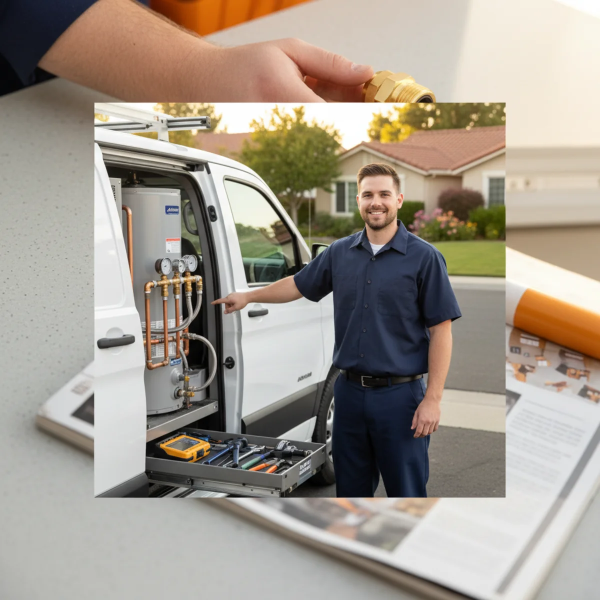 Water Heater RC Pros plumber beside a clean service van in a Rancho Cordova neighborhood