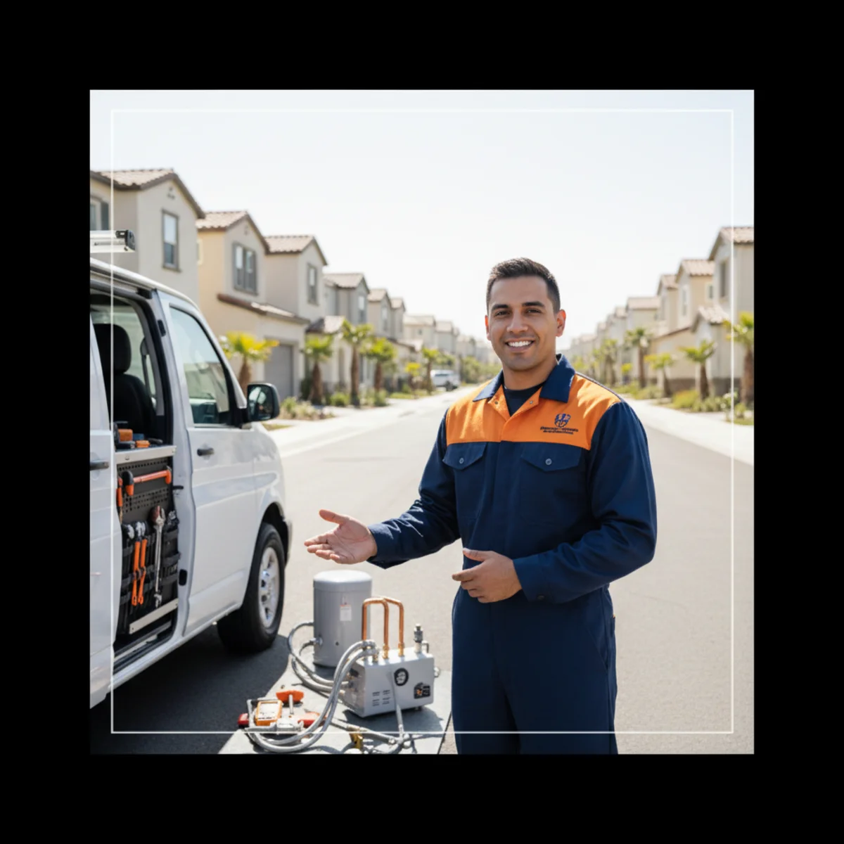 Water heater technician beside a white service van on a wide Anatolia master-planned street, modern stucco two-story homes and young street trees visible