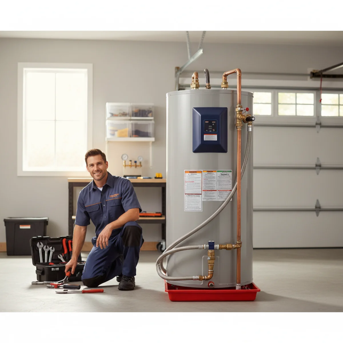 Large-capacity tank water heater installed in a Rancho Cordova garage next to a tankless unit