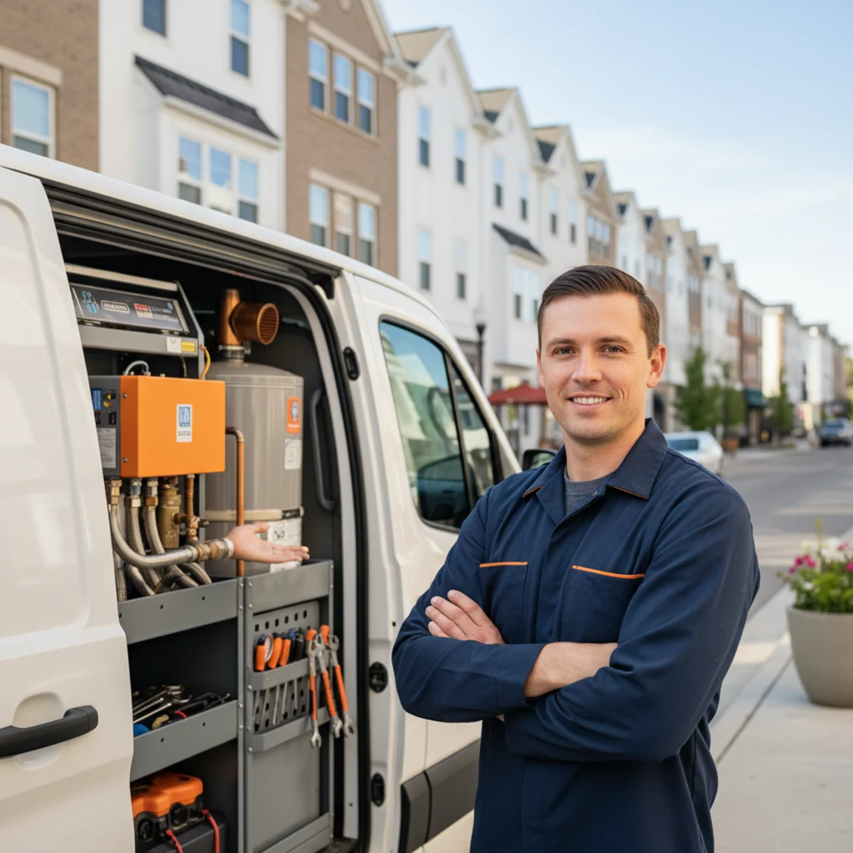 Uniformed water heater technician on a walkable Capital Village townhome street in Rancho Cordova, tidy mixed-use stucco blocks and a white service van behind