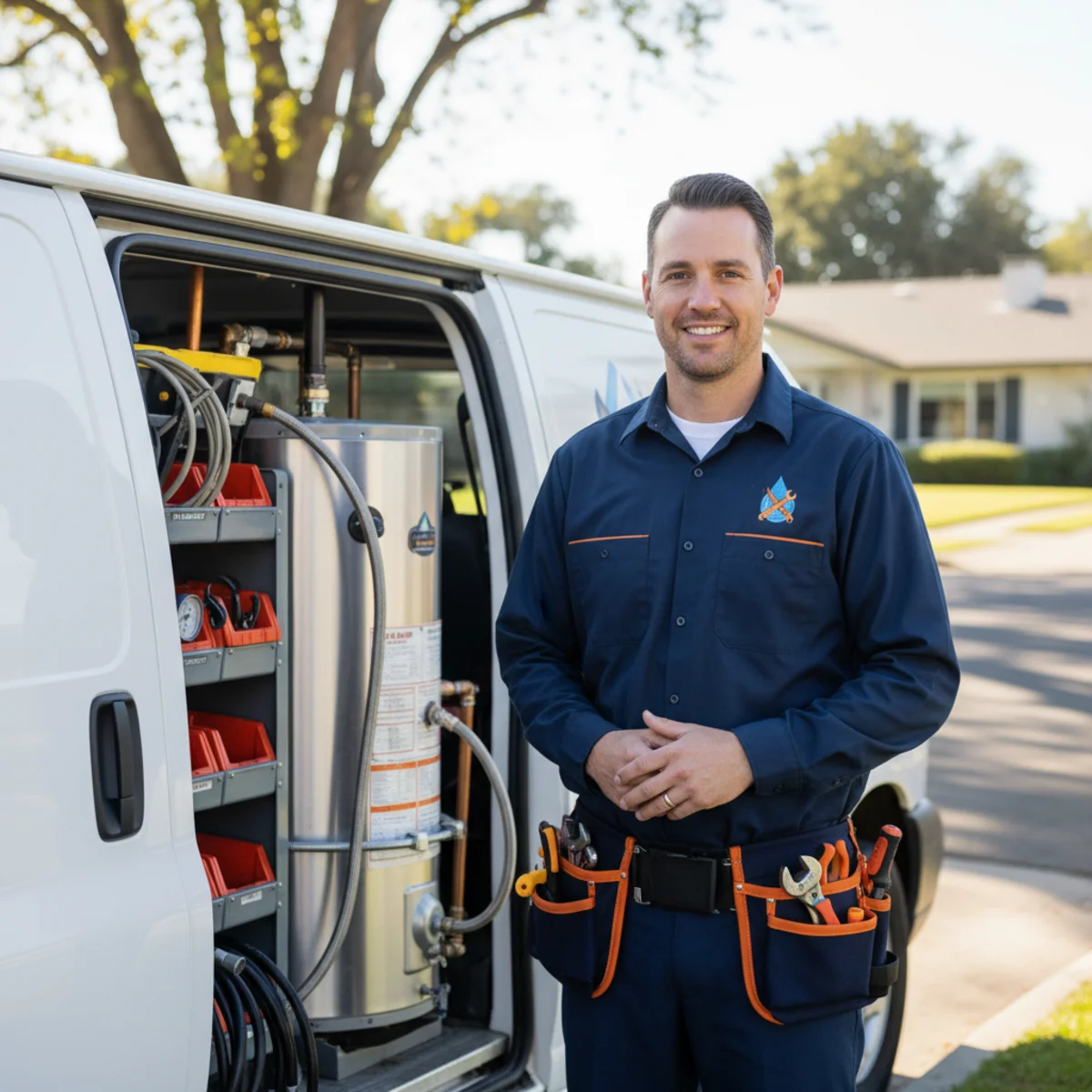 Uniformed technician loading water heater tools from a white van on a wide Carmichael street, large-lot ranch homes and old oaks framing the neighborhood