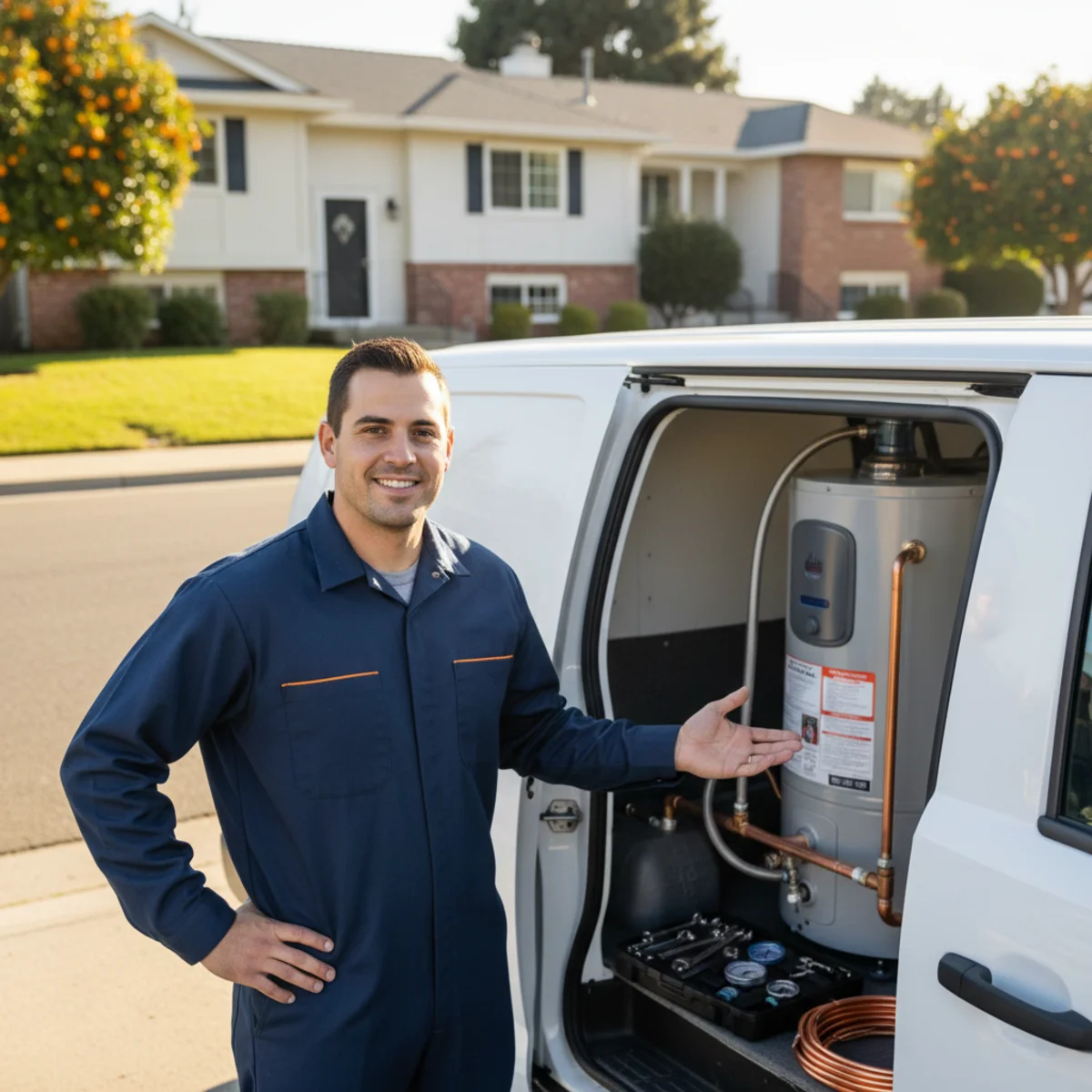 Uniformed water heater plumber standing by a white van on a Citrus Heights suburban block, single-story 1970s homes with attached garages lining the sunny street
