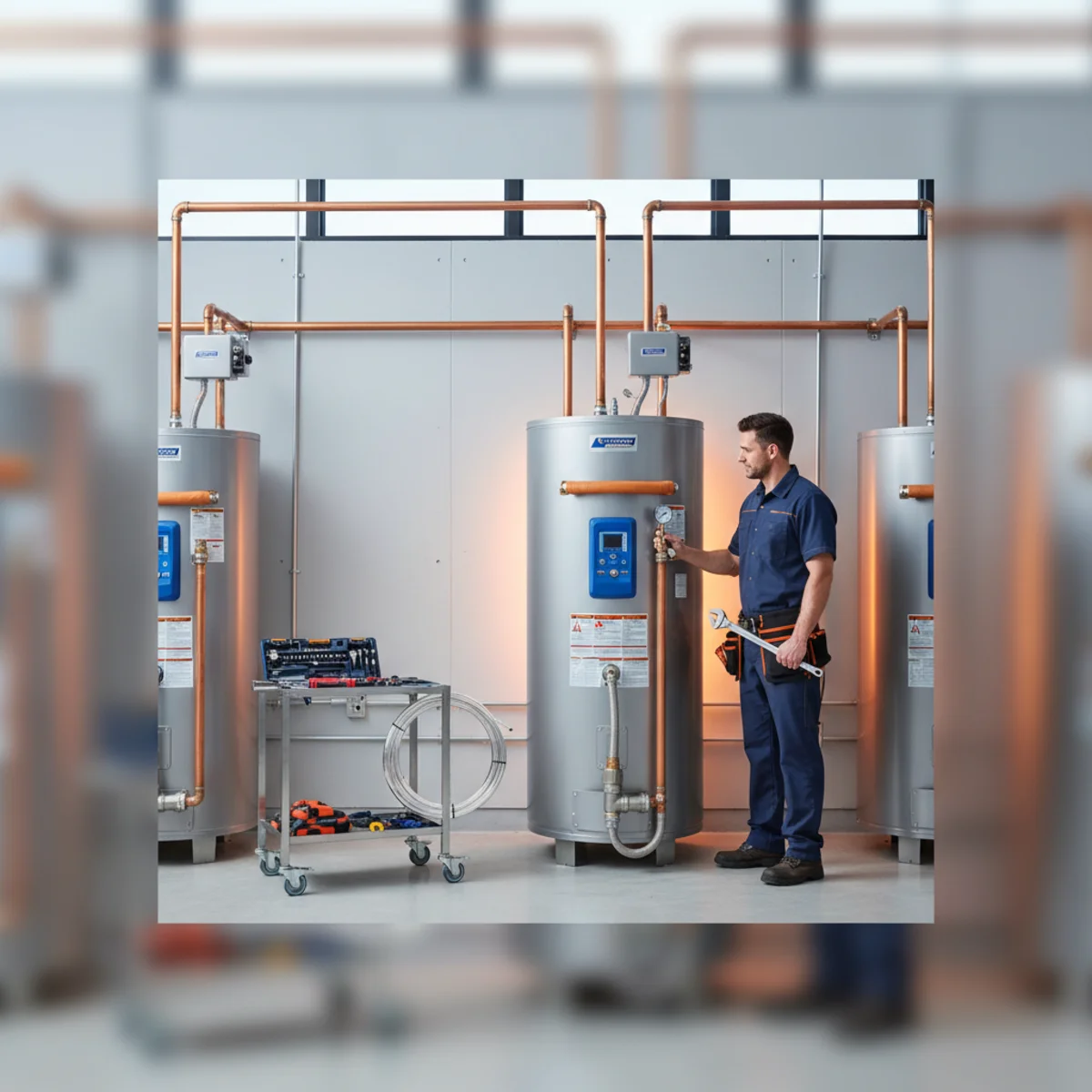 Large commercial water heater installation in a Rancho Cordova small business utility room