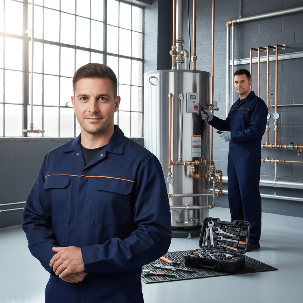 Plumber inspecting a larger commercial water heater system in a clean mechanical room with organized pipes and manifolds