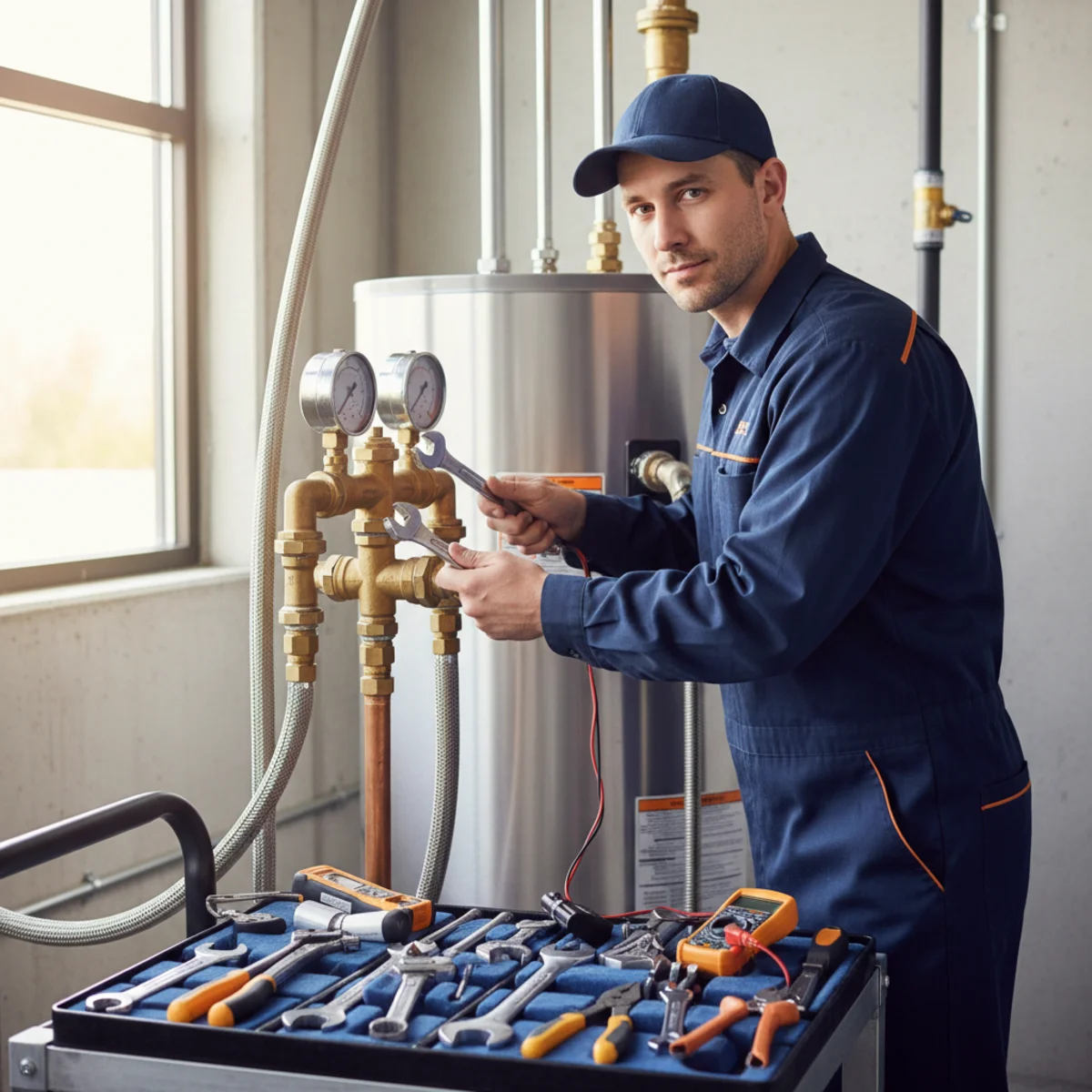 Technician repairing a commercial water heater in a tidy mechanical room, checking pressure gauges and a large valve assembly with professional tools