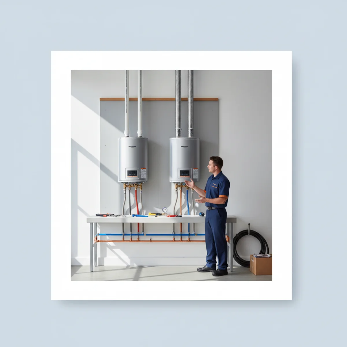 Side-by-side comparison of condensing and non-condensing tankless water heaters mounted on a garage wall