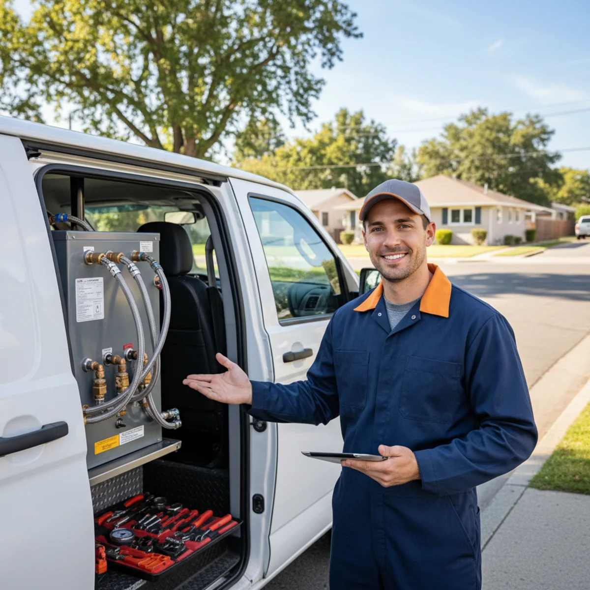 Uniformed technician with water heater tools standing by a white van on a Cordova Meadows street, mature trees shading a row of single-story 1960s ranch homes