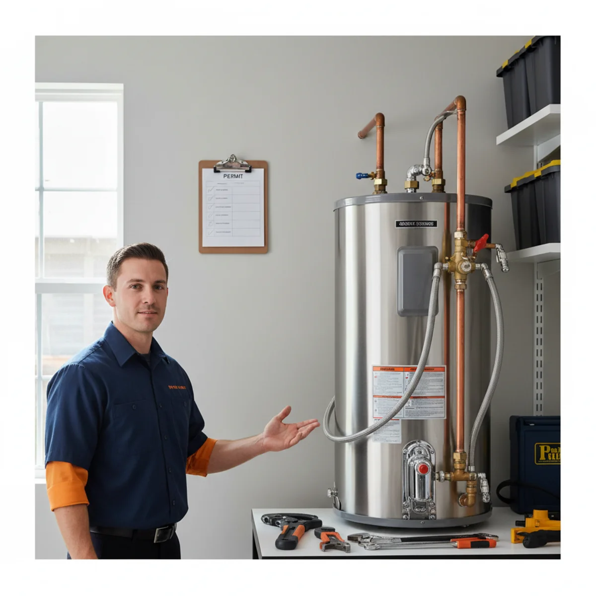 Permitted water heater installation with inspection tag in a Sacramento County home
