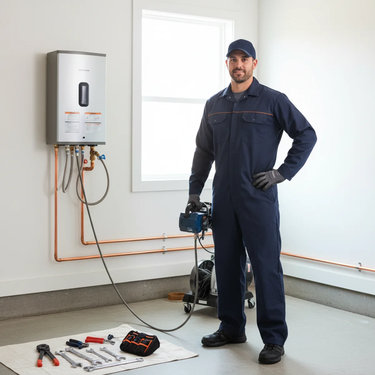 Plumber using drain-cleaning cable equipment at a residential cleanout with organized tools in a tidy Rancho Cordova setting