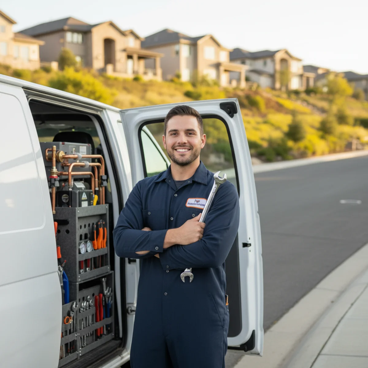 Uniformed water heater plumber beside a white van on a sunny El Dorado Hills hillside street, upscale custom homes and foothill terrain rising behind