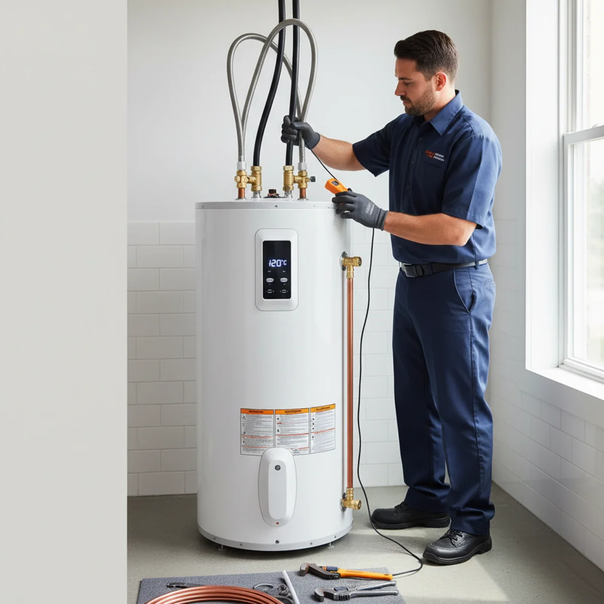 Technician checking the 240-volt electrical whip and water supply lines on a new electric tank water heater in a bright utility room