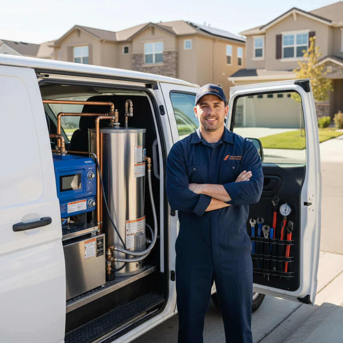 Uniformed water heater plumber beside a white service van on an Elk Grove master-planned street, modern two-story subdivision homes with manicured landscaping