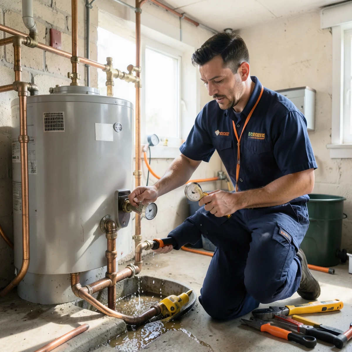 Emergency plumber controlling a leak on a residential water heater and inspecting the cold-water shut-off valve in a Rancho Cordova garage