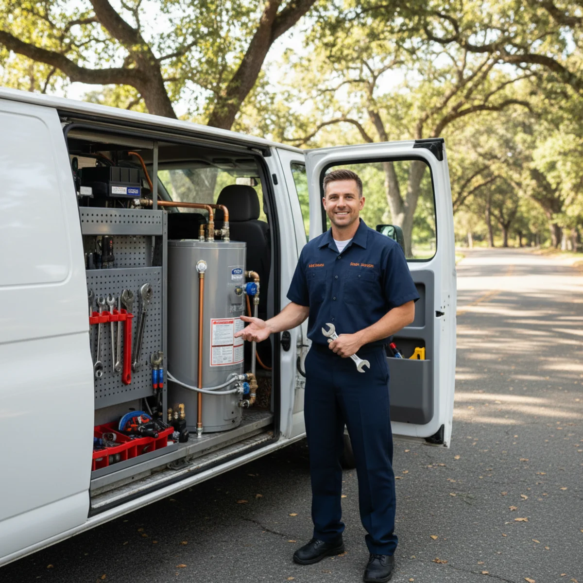 Water heater service van parked beneath mature oak canopy on a leafy Fair Oaks street, technician with tool bag approaching a mid-century ranch home