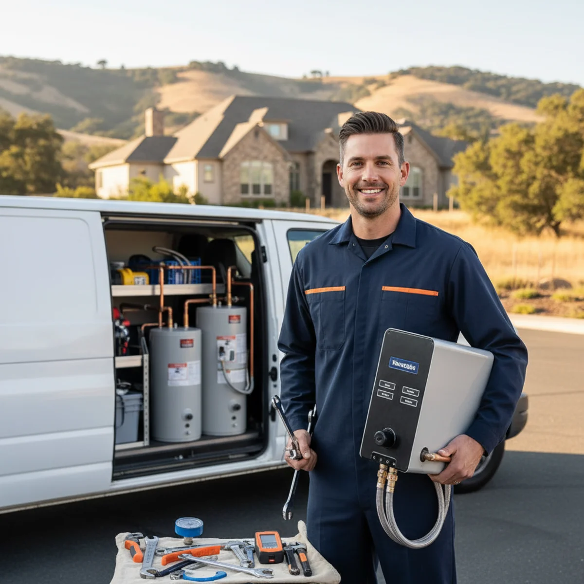 Uniformed water heater plumber beside a white service van on a Folsom foothill street, larger hillside homes and rolling terrain visible in the background