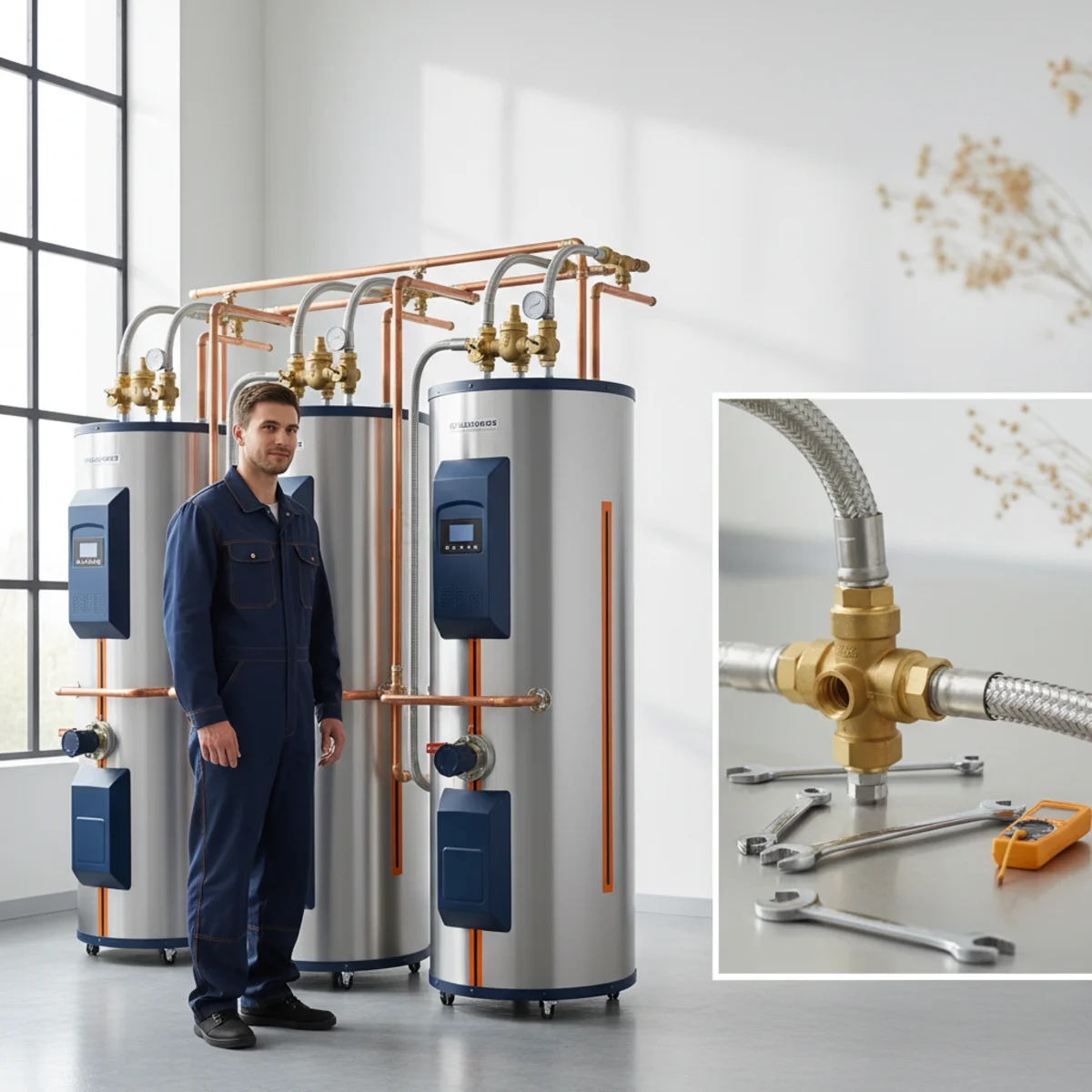 Commercial water heaters with organized pipe manifolds in a clean Rancho Cordova mechanical room