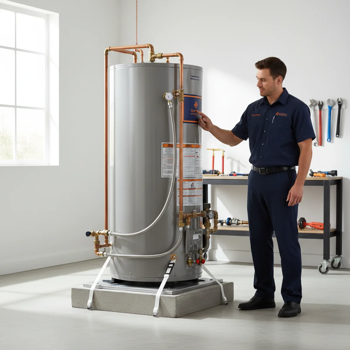 Water heater on a raised platform in a Rancho Cordova garage with seismic straps and proper clearances