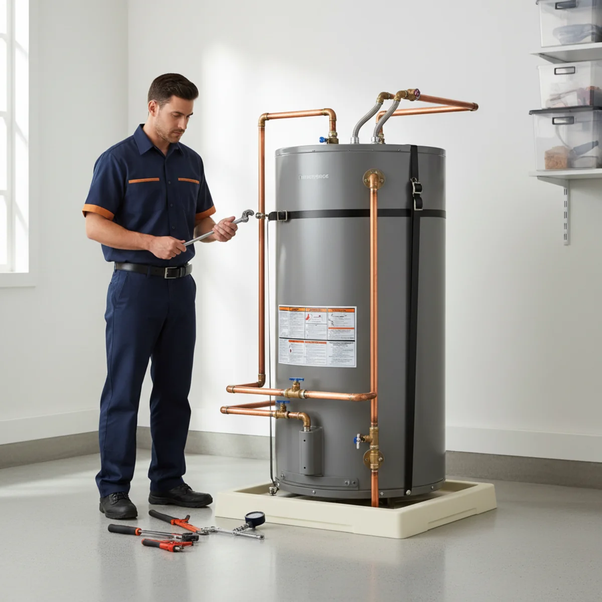 Modern tank water heater on a raised protective platform in a clean residential Rancho Cordova garage with neat piping, seismic strapping, and bright natural light
