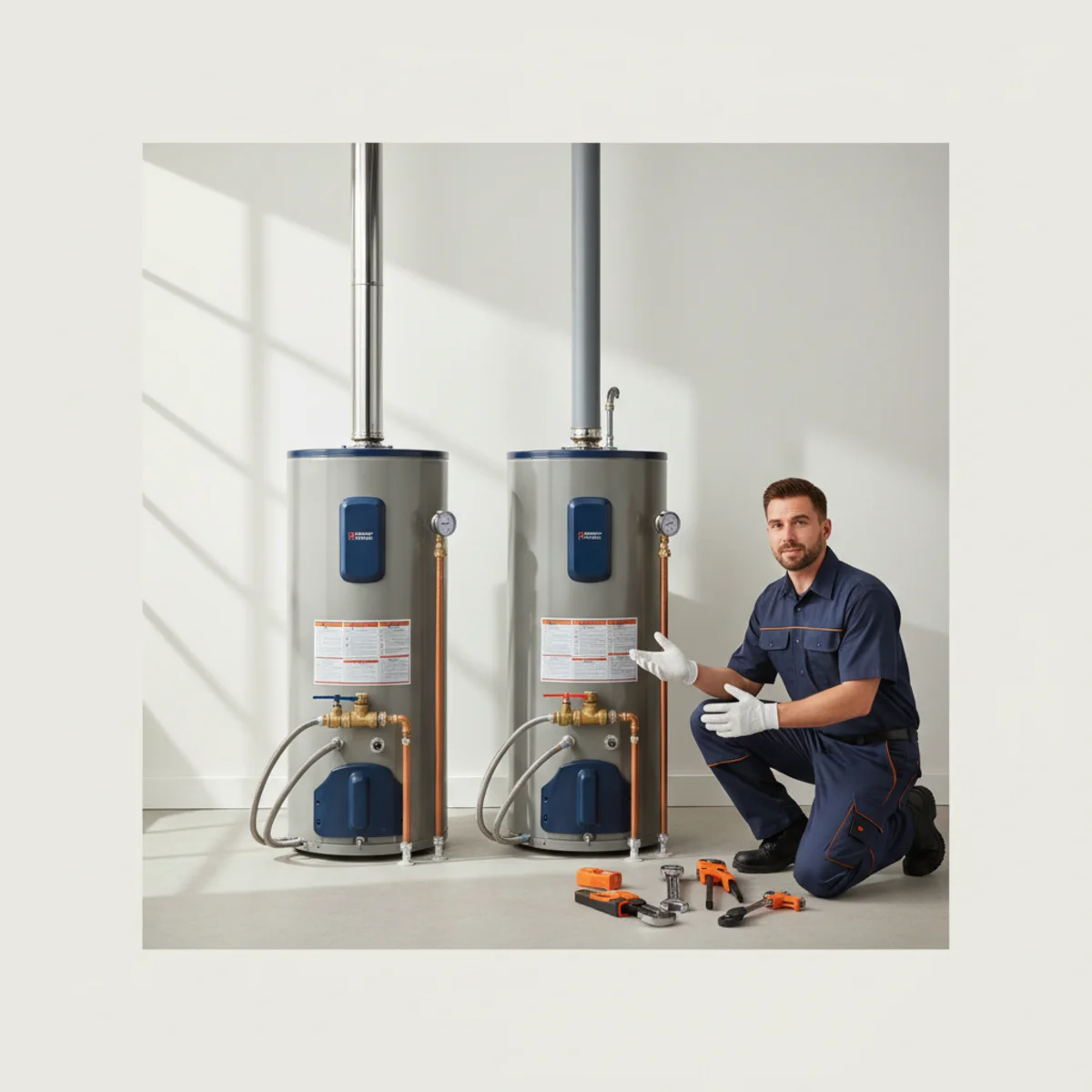 Side-by-side gas and electric water heaters in a Rancho Cordova garage