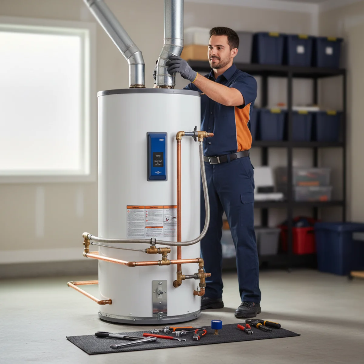 Plumber checking the flue draft hood and gas connection on a freshly installed gas tank water heater in a clean organized Rancho Cordova garage