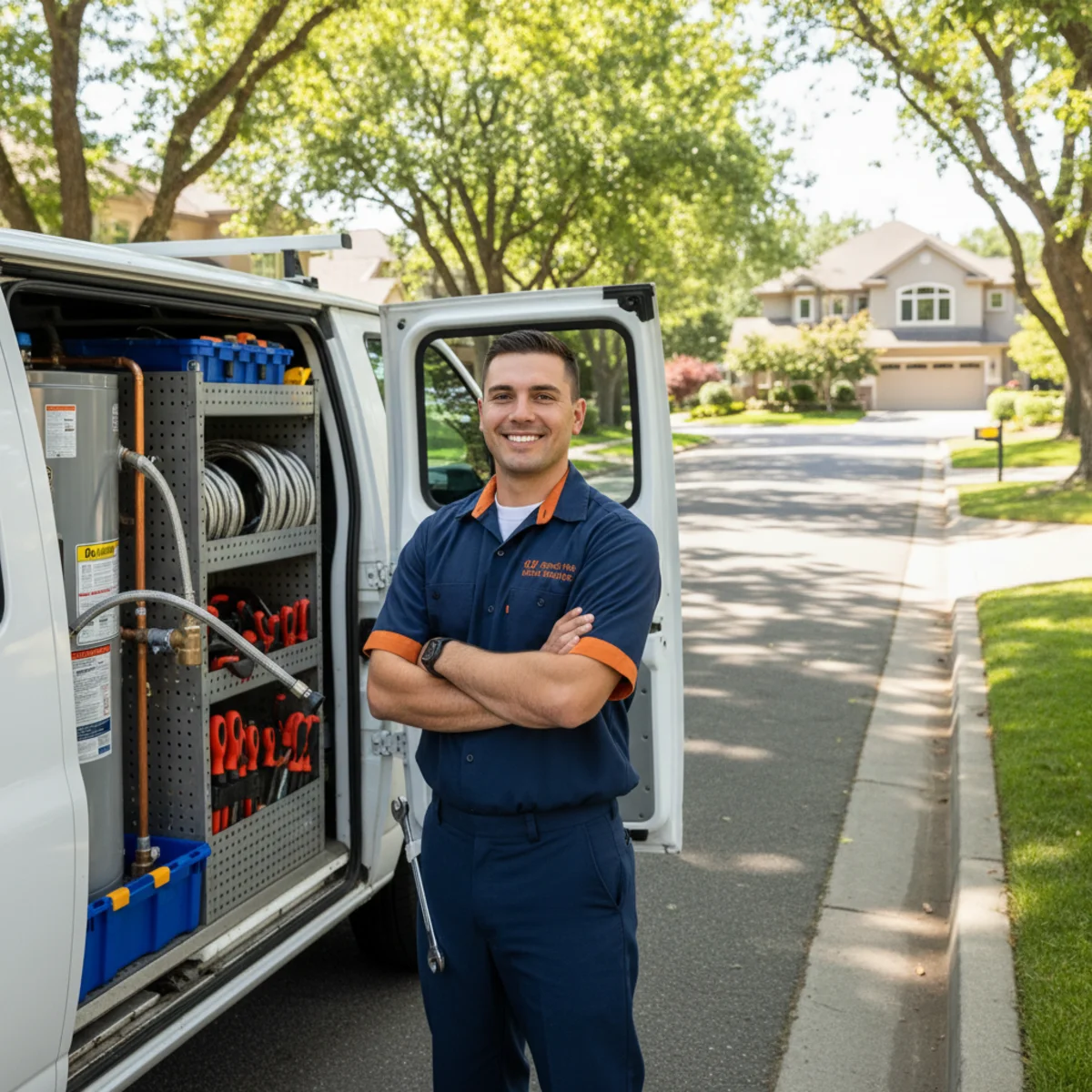Uniformed water heater plumber with tool bag next to a white van on a tree-lined Gold River street, well-kept landscaping and upscale 1980s homes in the background