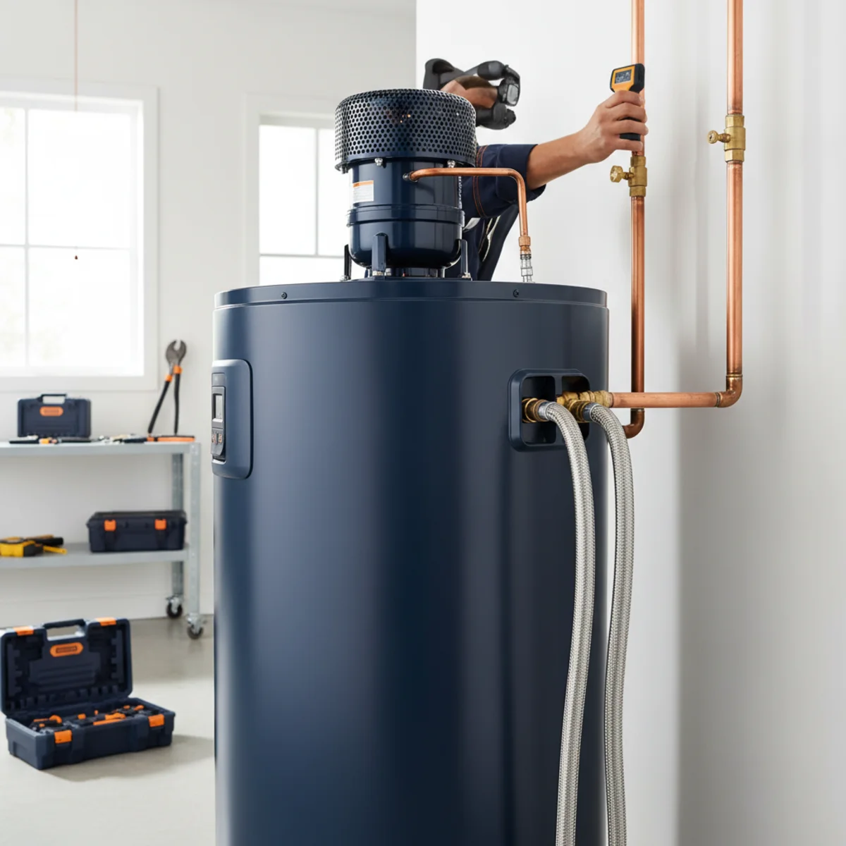 Modern heat-pump water heater with a top-mounted compressor in a spacious clean garage, plumber checking airflow clearance and water connections
