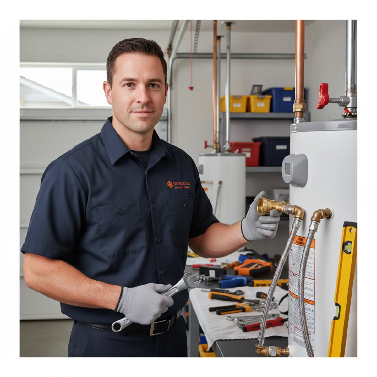 Plumber installing a new tank water heater with clean connections in a Rancho Cordova garage