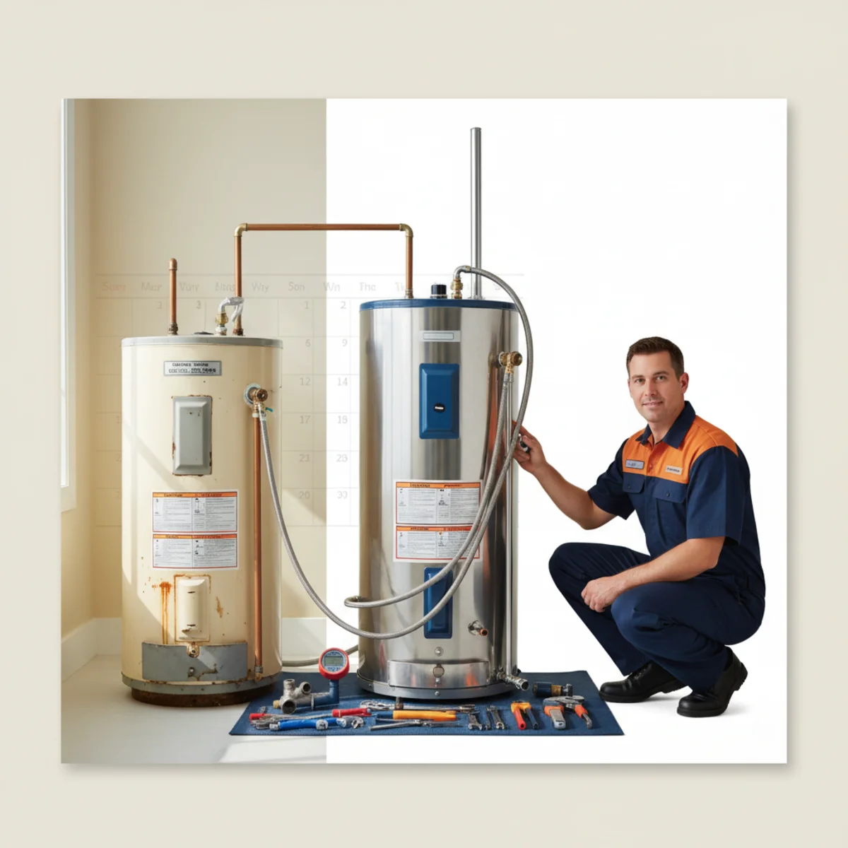 Well-maintained water heater in a clean California garage utility room
