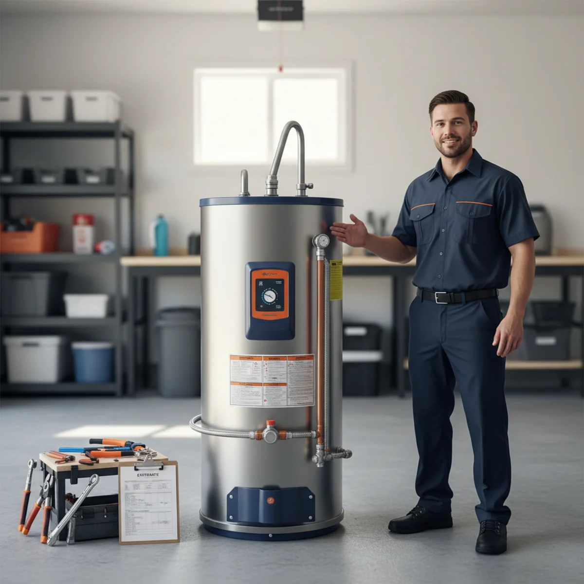 Plumber installing a water heater in a Rancho Cordova garage