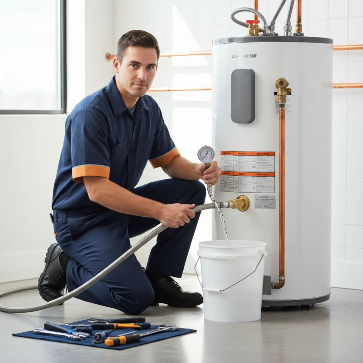 Garden hose connected to a water heater drain valve for flushing sediment