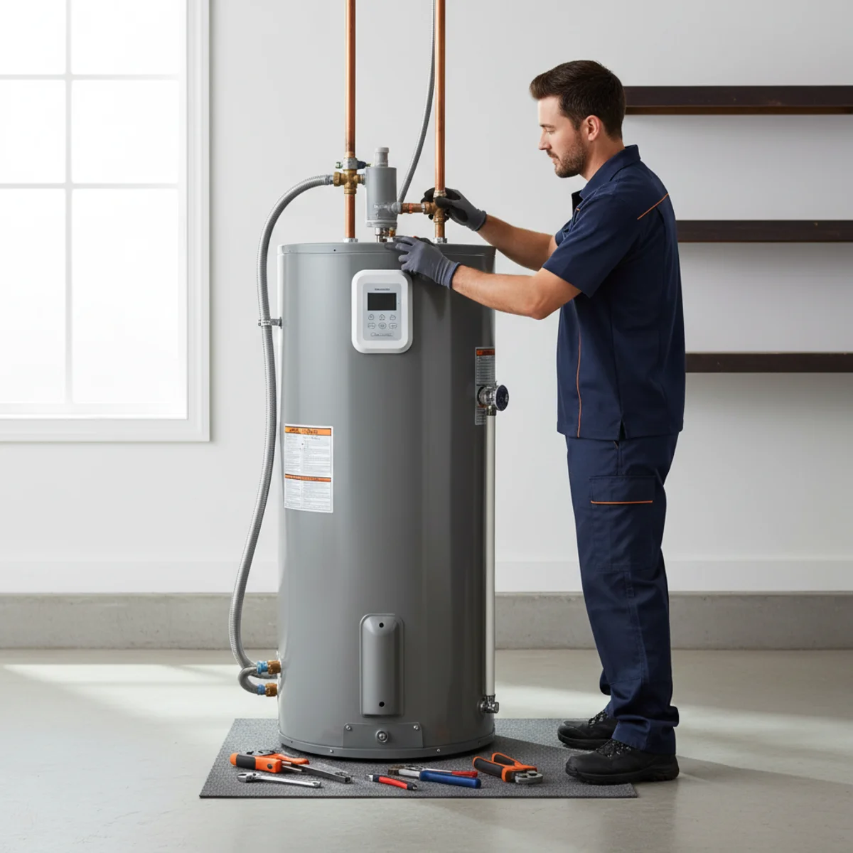 Energy-efficient hybrid heat-pump water heater in a clean Rancho Cordova garage with a technician adjusting the unit's controls