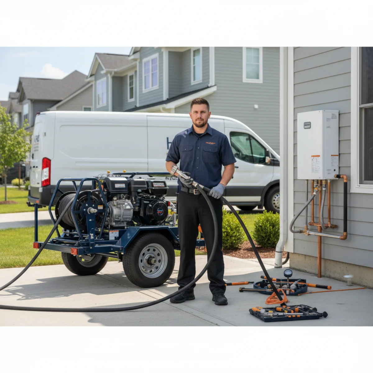 Hydro-jetting equipment near a clean service van and residential exterior, plumber safely preparing the high-pressure hose for drain cleaning
