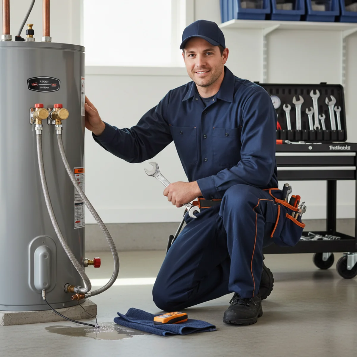 Plumber inspecting a small controlled leak near the base of a residential water heater with a moisture meter and towel nearby