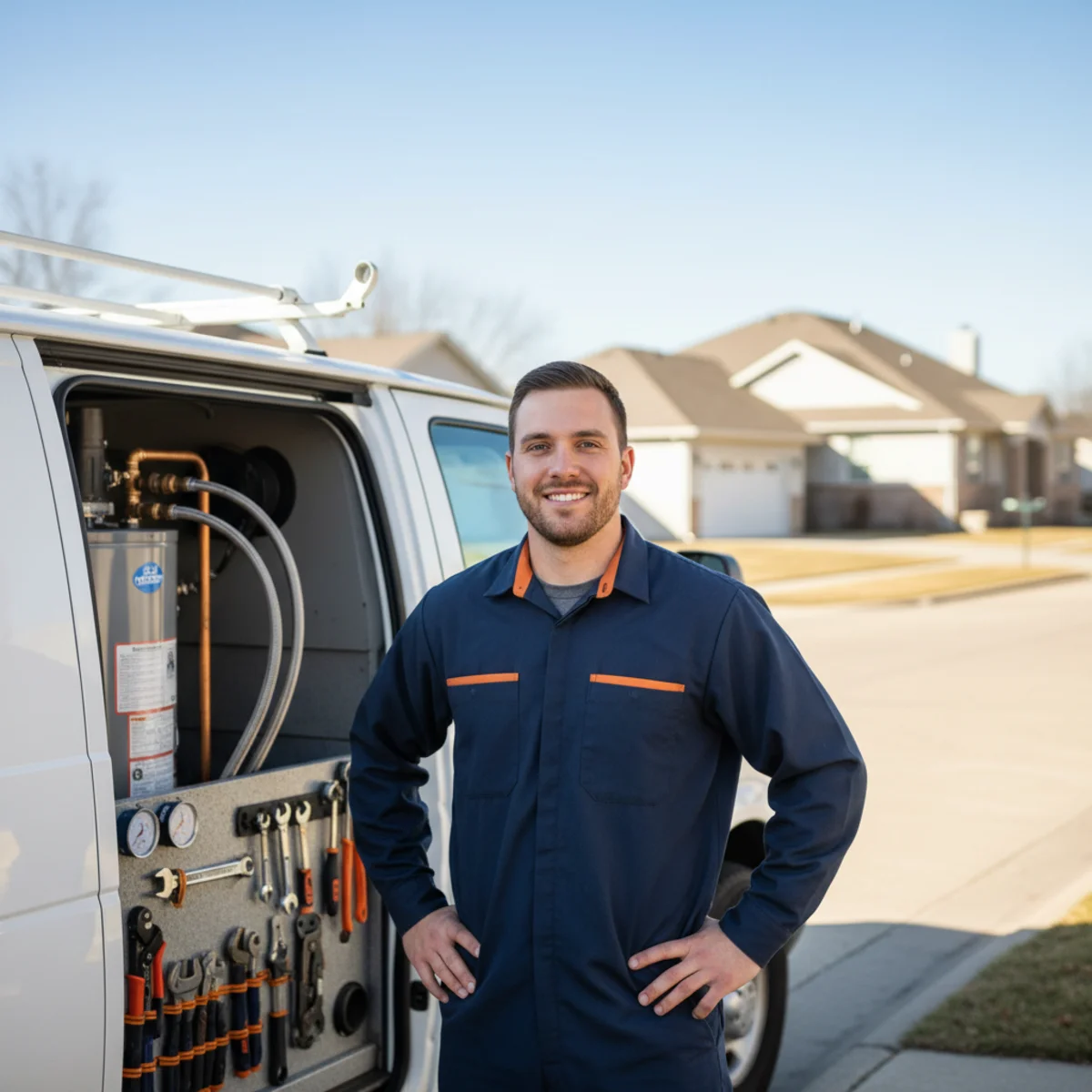 Uniformed water heater technician next to a white van in Lincoln Village, modest single-family ranch homes behind mature street trees on an established Rancho Cordova block