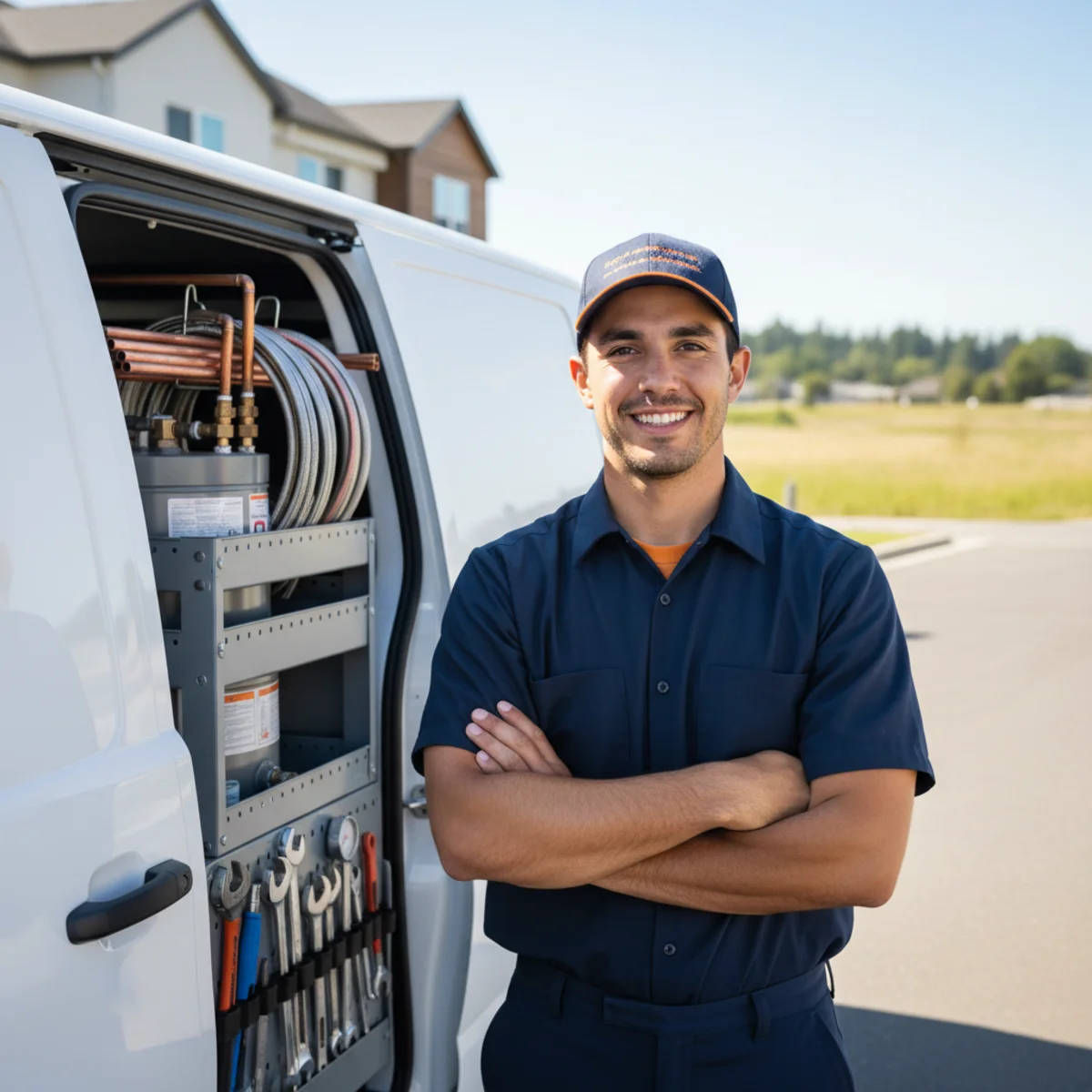 Uniformed water heater plumber beside a white service van on a sunny Mather street, newer construction homes and open landscaping near the former airfield corridor