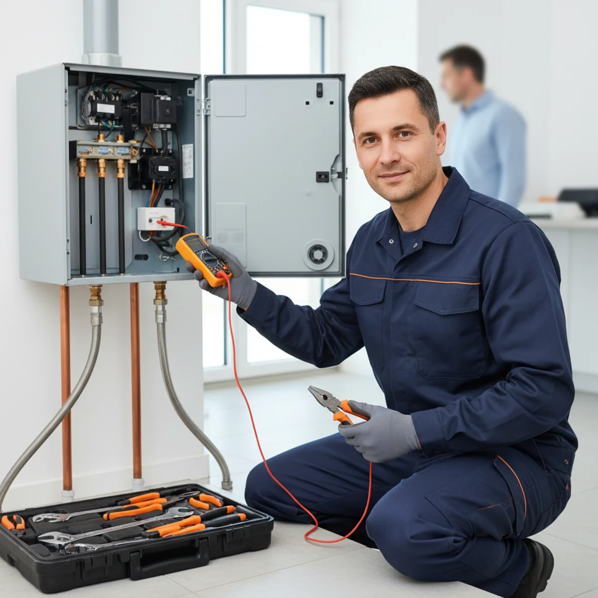 Plumber testing a water heater thermostat and upper heating element with a multimeter while the control panel is open in a clean utility room