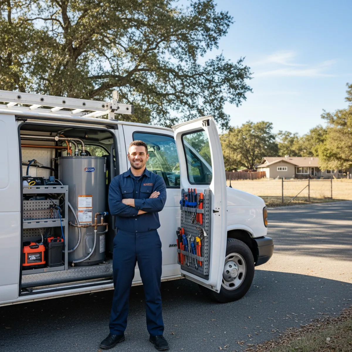 Water heater service van on a semi-rural Orangevale street, larger lots with mature trees and a mix of 1970s ranch homes and newer custom builds