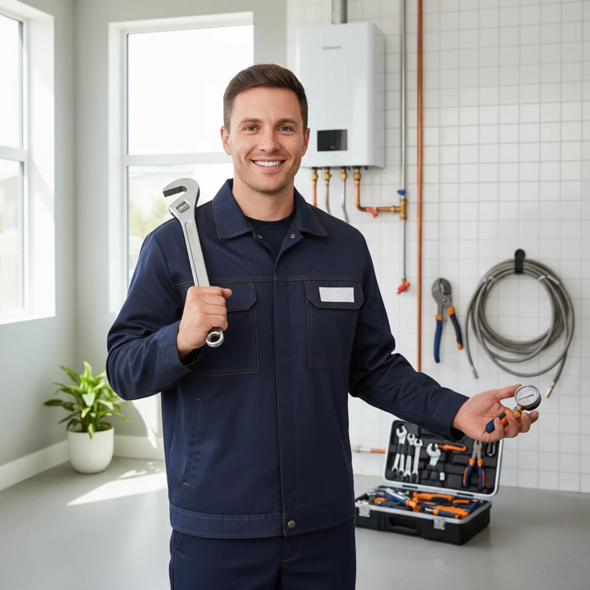 Professional plumber with organized tools in a clean Rancho Cordova home utility space, water heater and pipework visible in the background