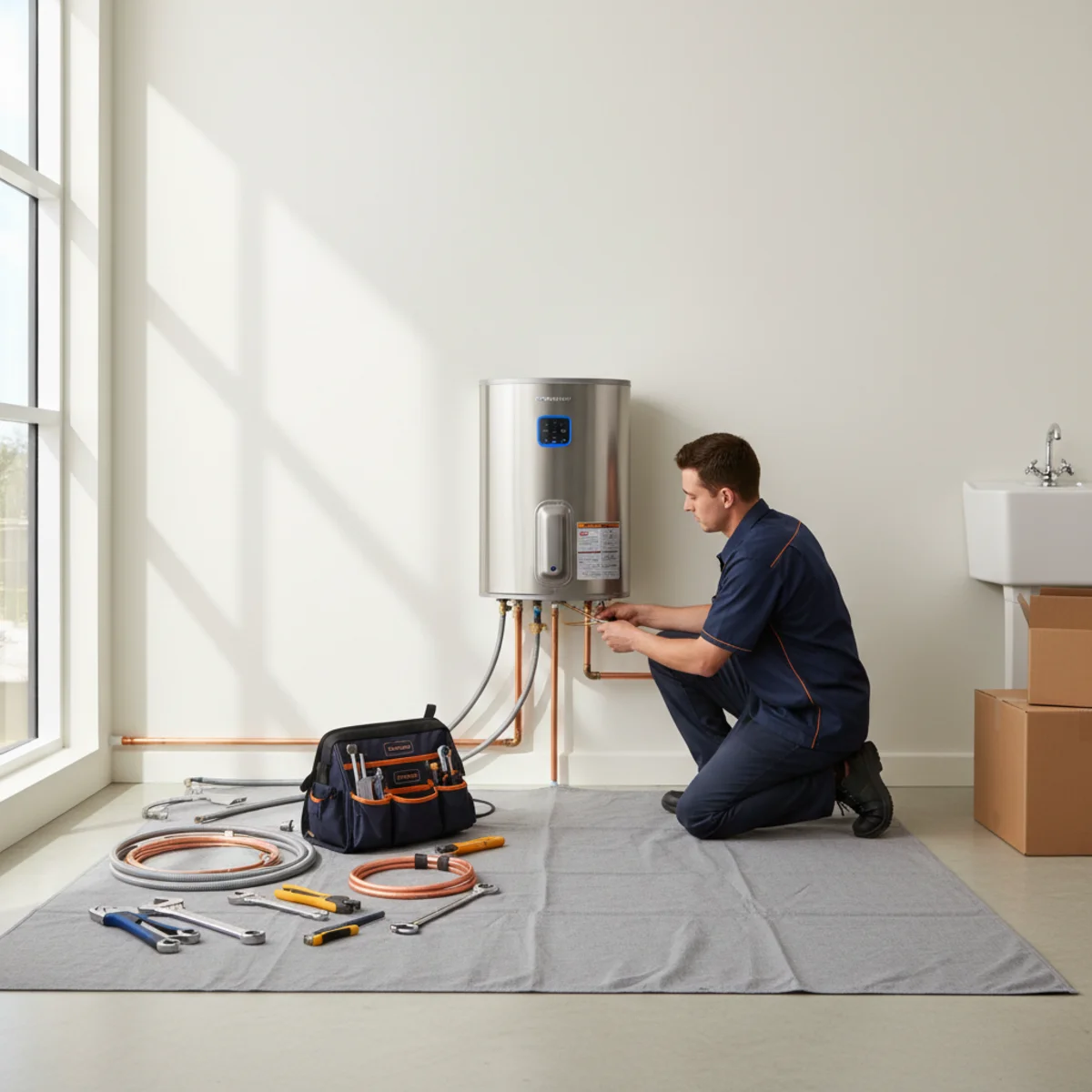 Tidy in-progress water heater installation with floor protection in a Rancho Cordova garage