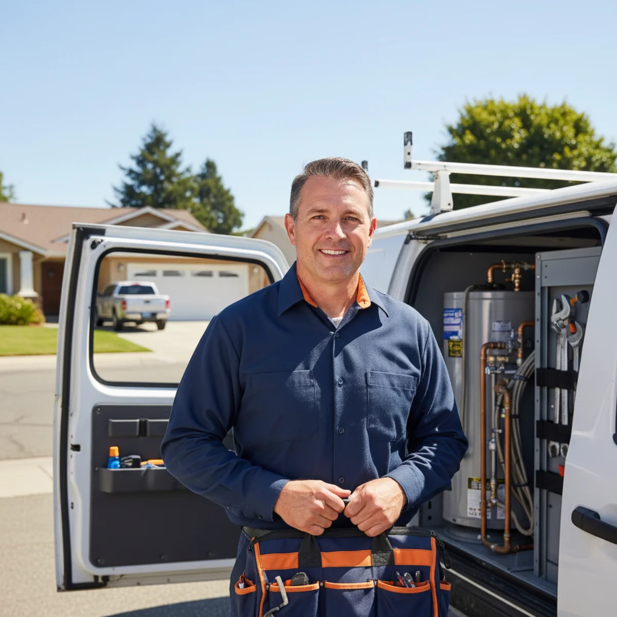 Uniformed water heater technician standing beside a white service van on a sunny Rancho Cordova residential street lined with 1980s attached-garage homes