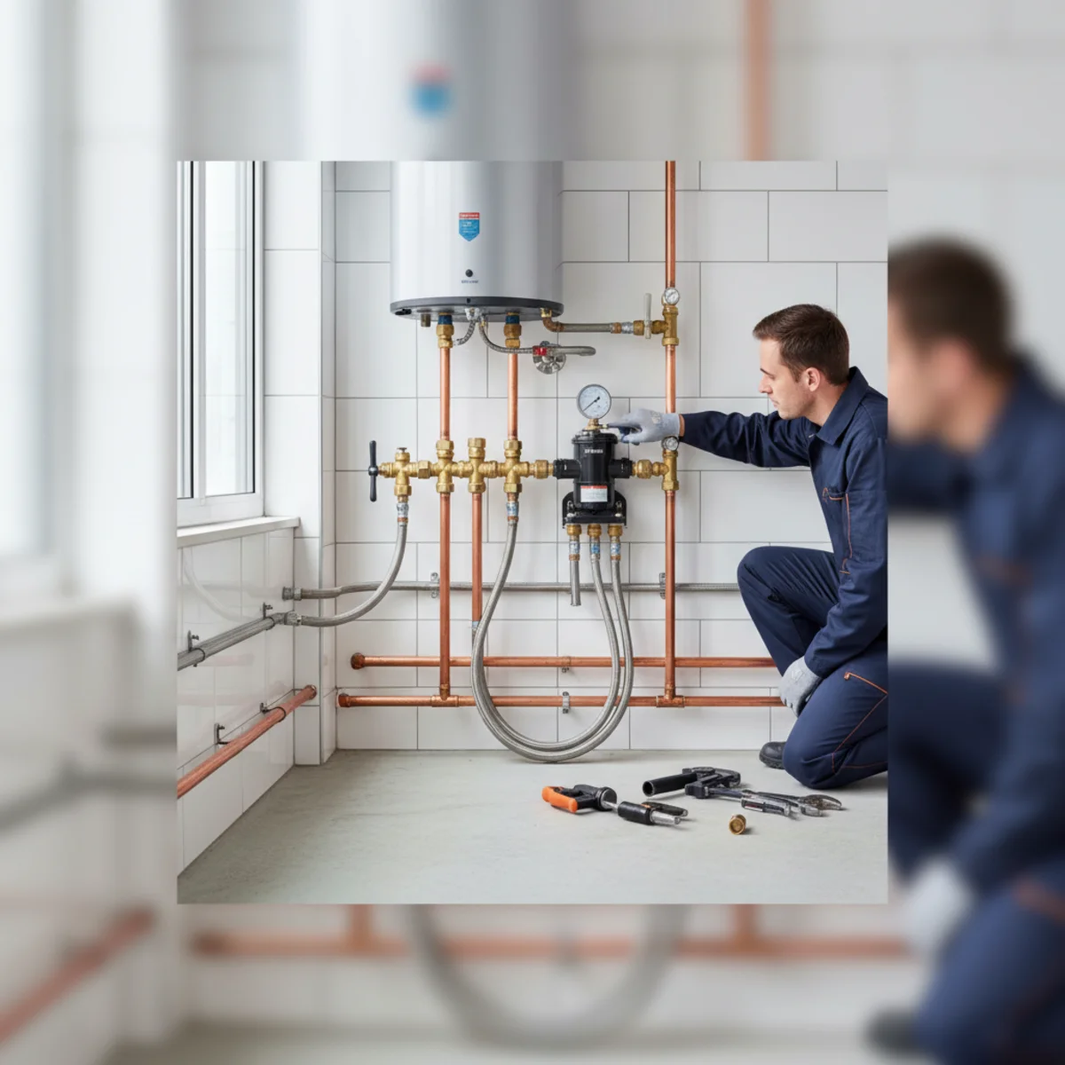 Under-sink recirculation pump connected to hot and cold supply lines in a Rancho Cordova home