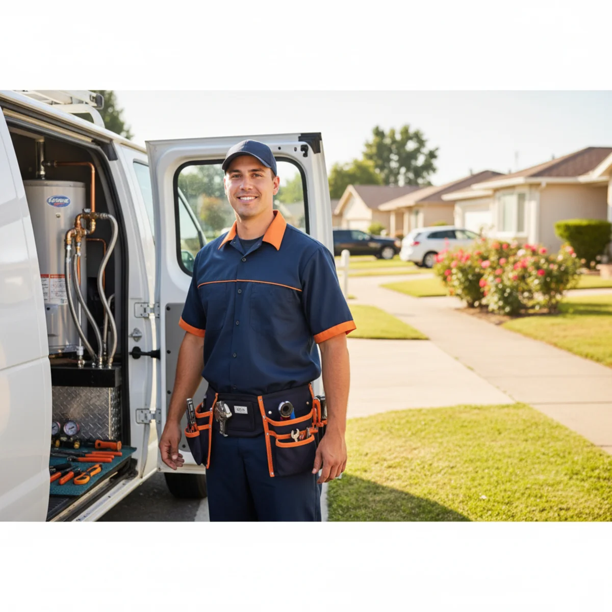 Uniformed water heater technician next to a white van on a tidy Rosemont block, single-story 1960s suburban homes with neat front yards on a quiet sunny street