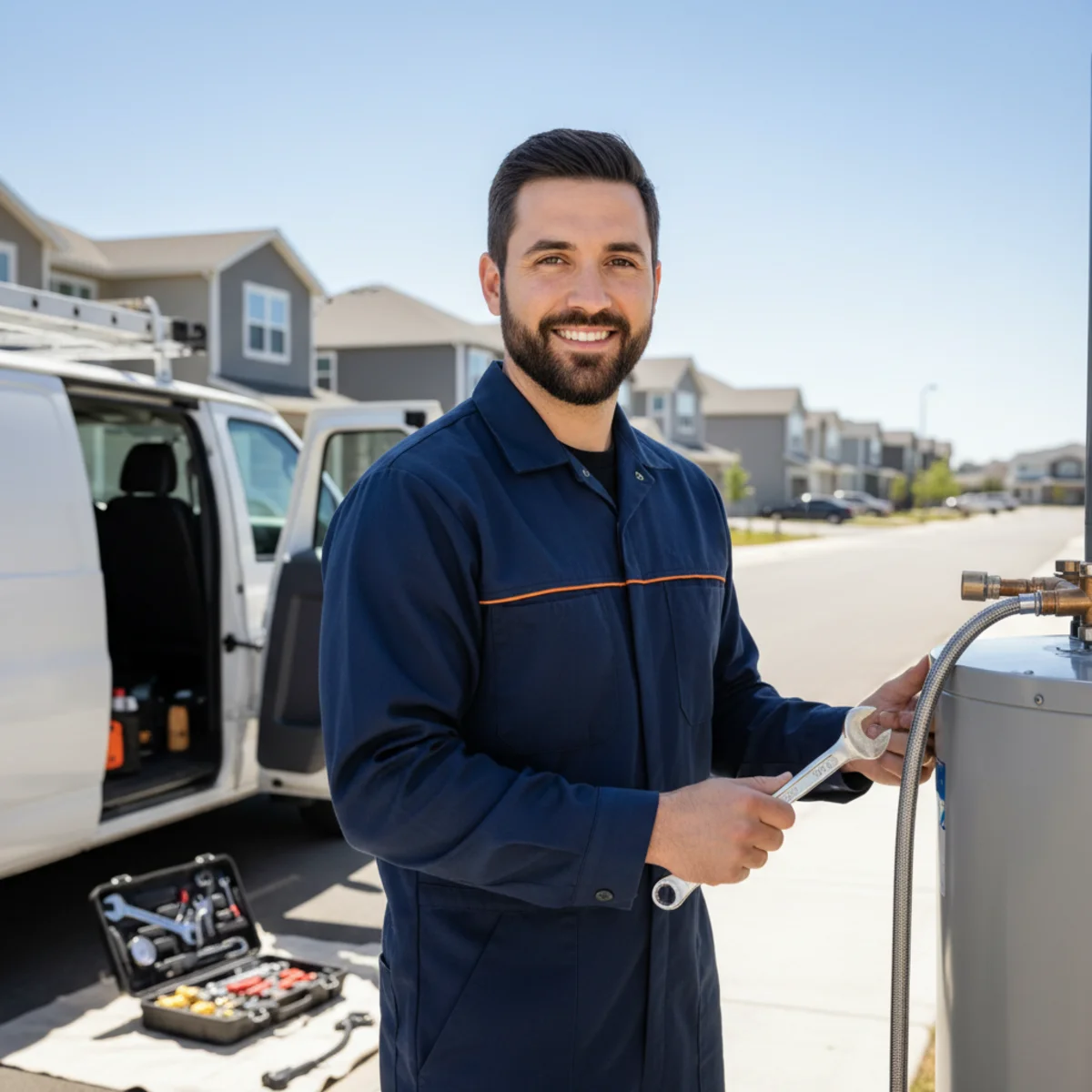Water heater technician with tool bag on a clean wide Roseville subdivision street, newer two-story homes and fresh concrete driveways stretching into the distance