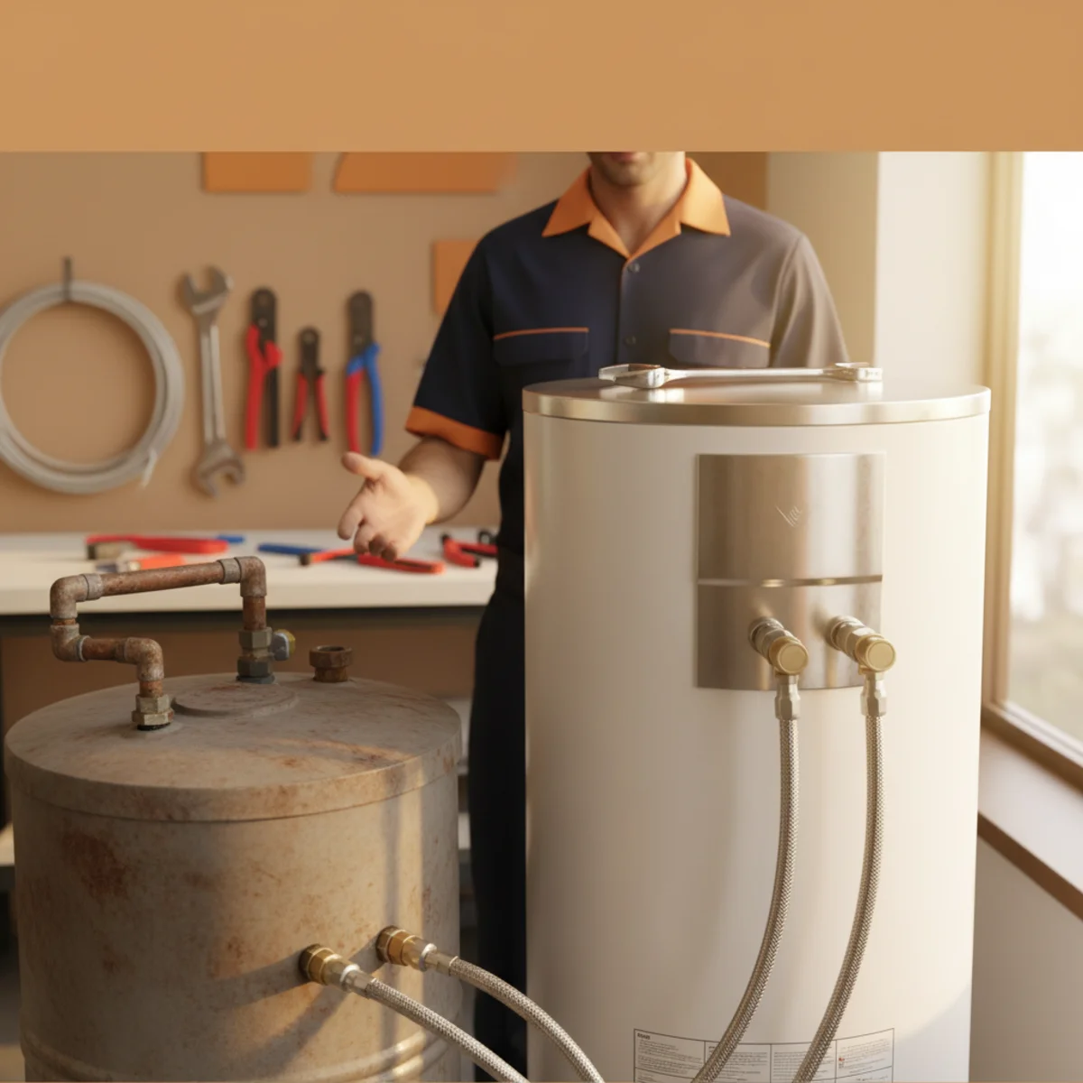 Older tank water heater showing corrosion near the base in a Rancho Cordova garage