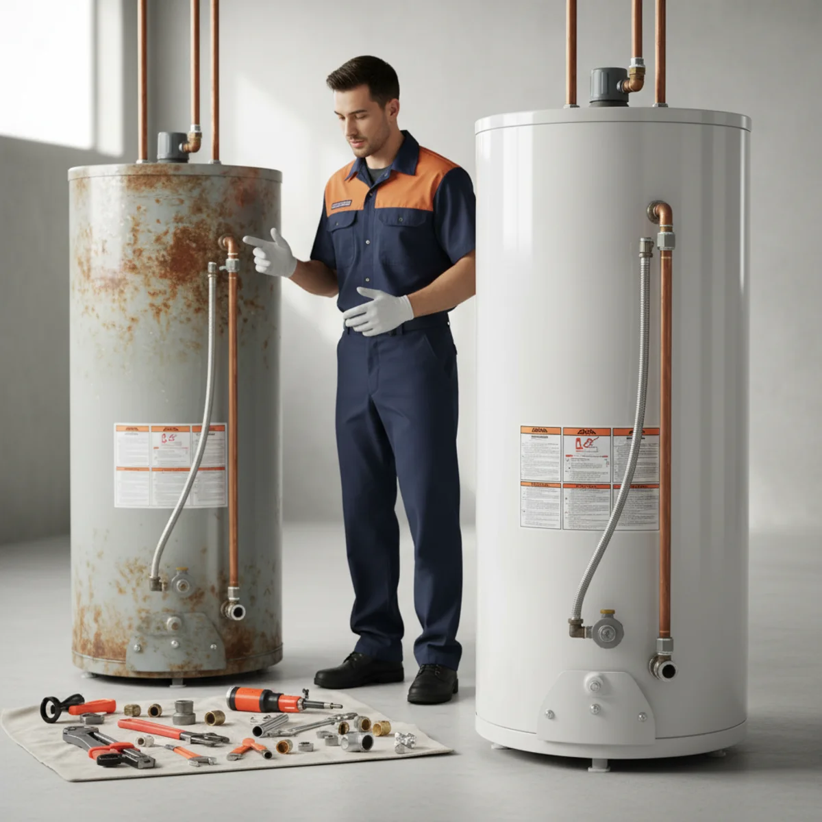 Aging water heater with rust streaks in a residential utility room