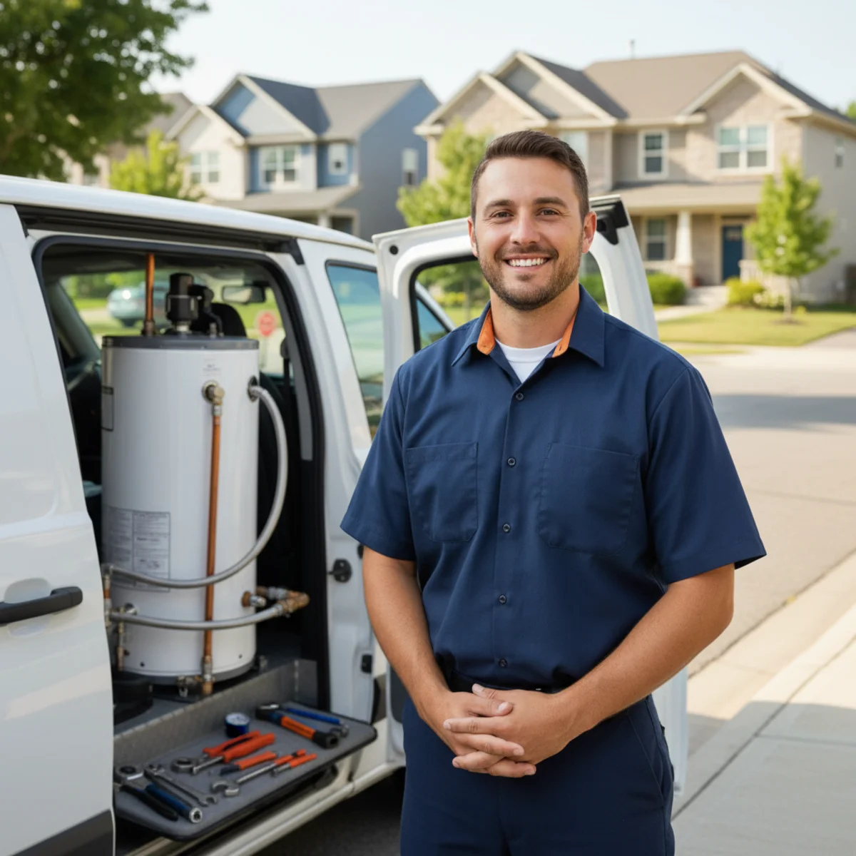 Water heater service van parked on a quiet Stone Creek family street, two-story homes with attached garages lining both sides under afternoon sun