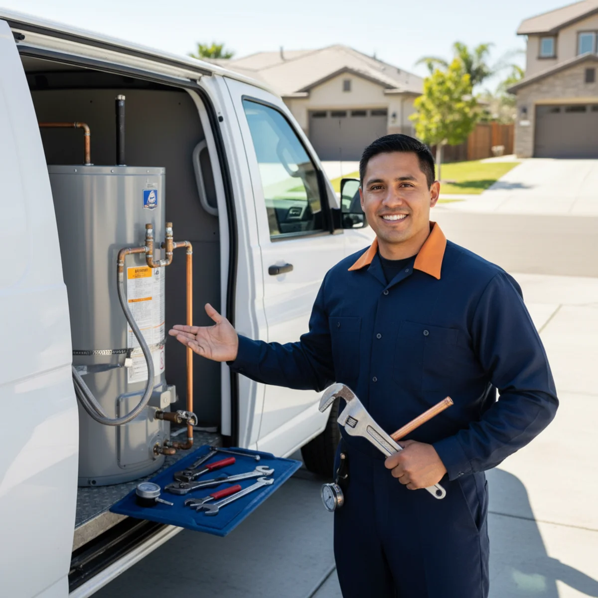 Uniformed plumber carrying water heater equipment up a wide clean driveway in Sunridge Park, contemporary stucco homes and bright sunlight on the street