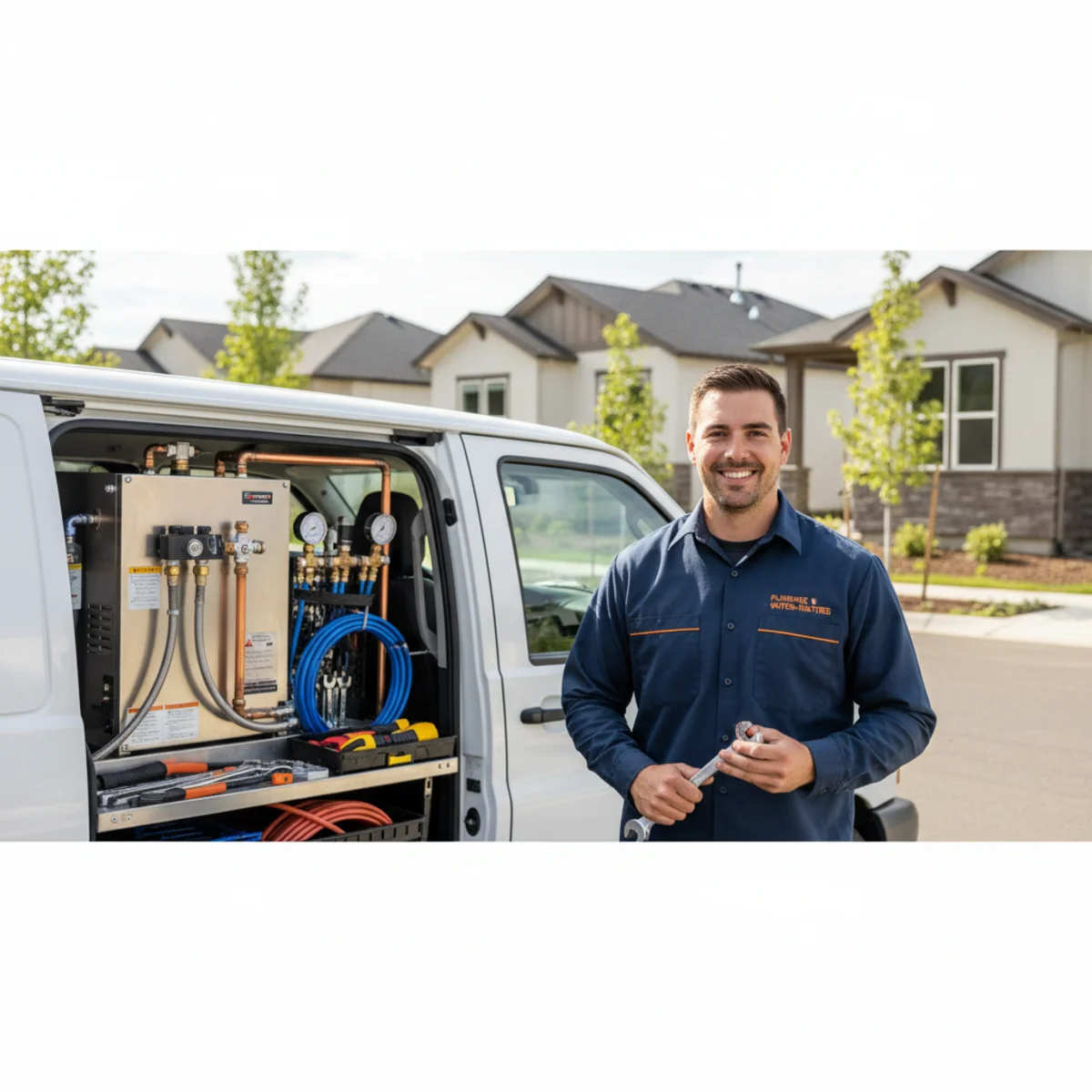 Water heater plumber with tool bag on a freshly paved Sunriver development street, newly built stucco homes and young planted trees in the Rancho Cordova sun