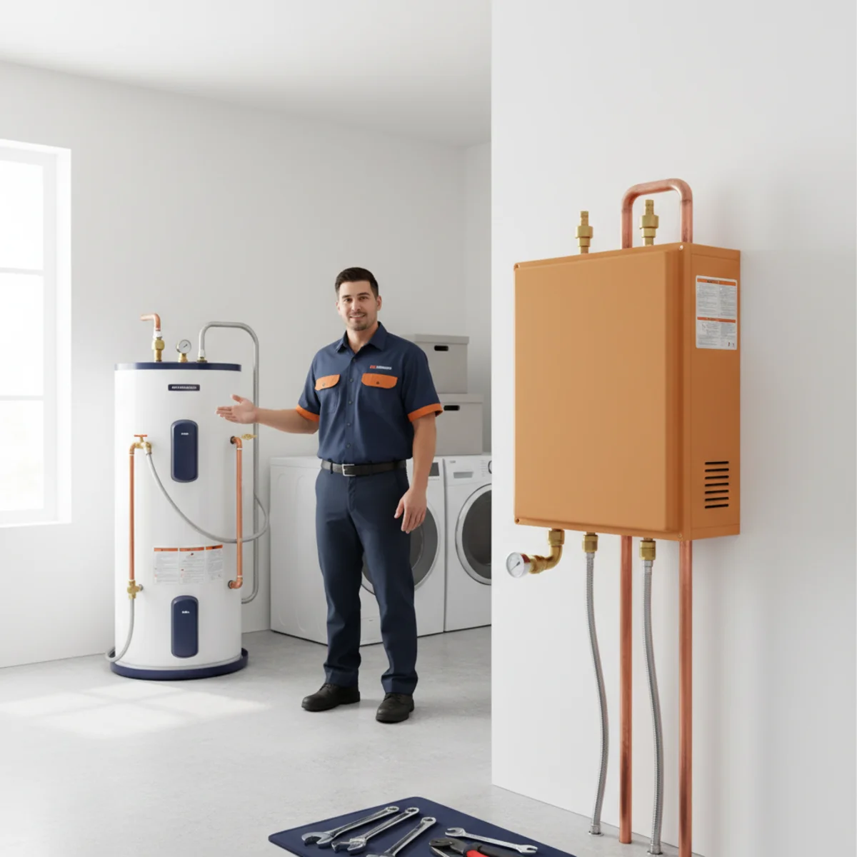 Side-by-side comparison of a tank water heater and a tankless unit in a garage