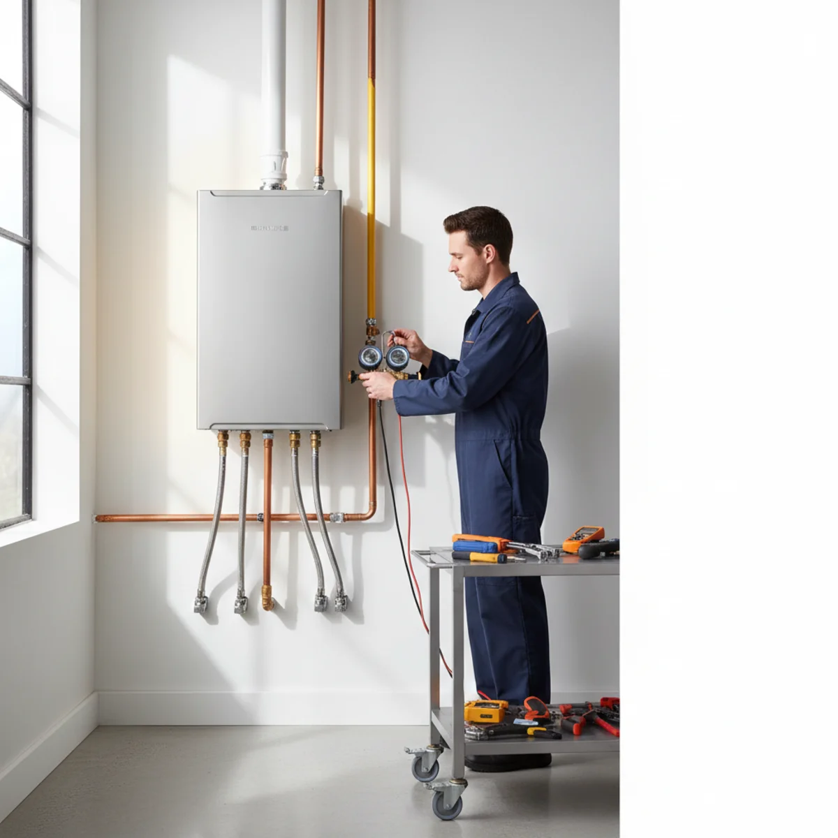Modern wall-mounted tankless water heater in a clean utility room with a plumber testing neat gas, water, and vent connections